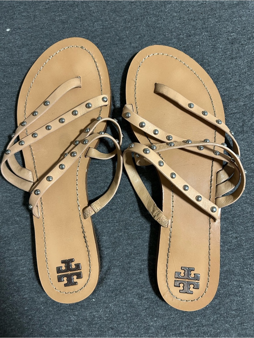 Tory Burch Tan Leather Studded Strap Sandals